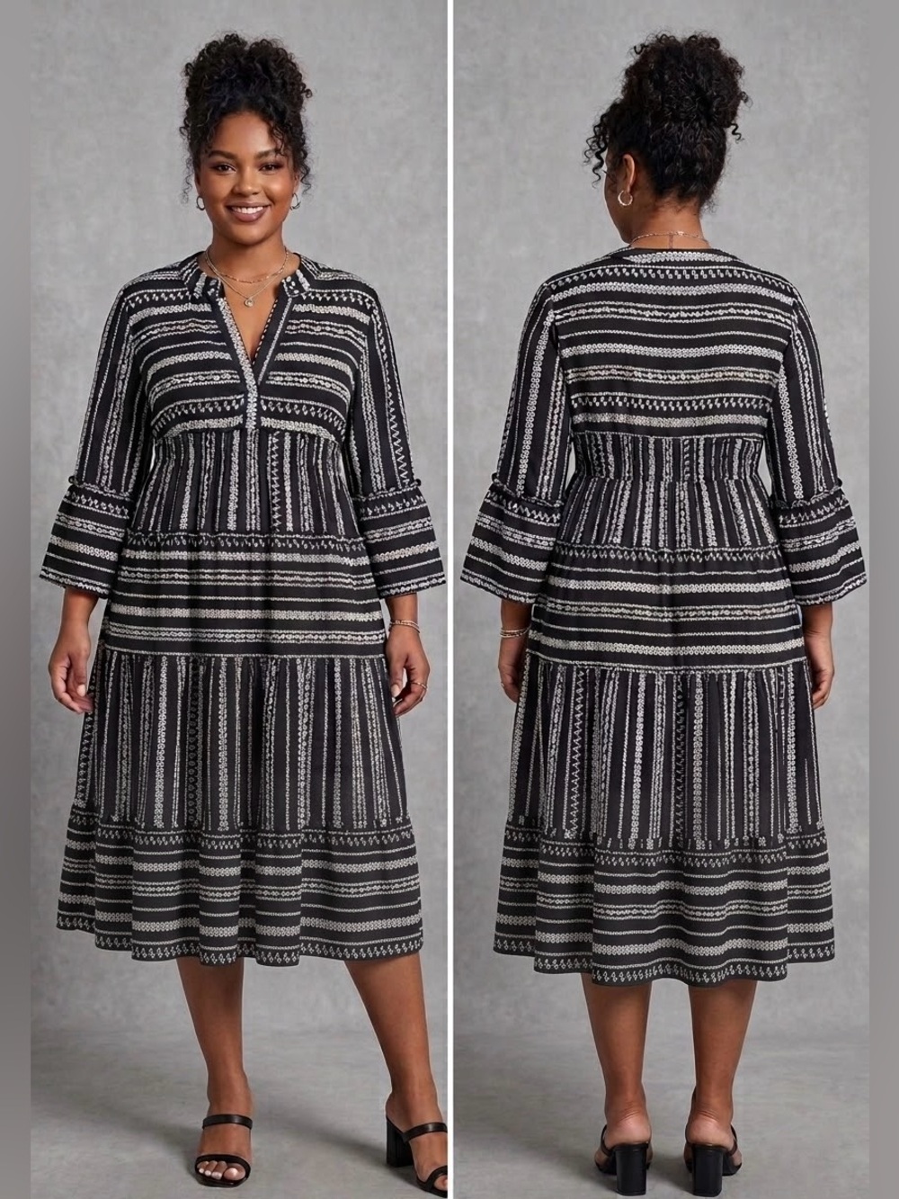 Striped Black and White Tiered Midi Dress - Women's